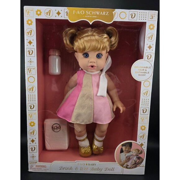 FAO Schwarz Drink and Wet Baby Doll with Brushable Hair and Bathable Body - Picture 1 of 10
